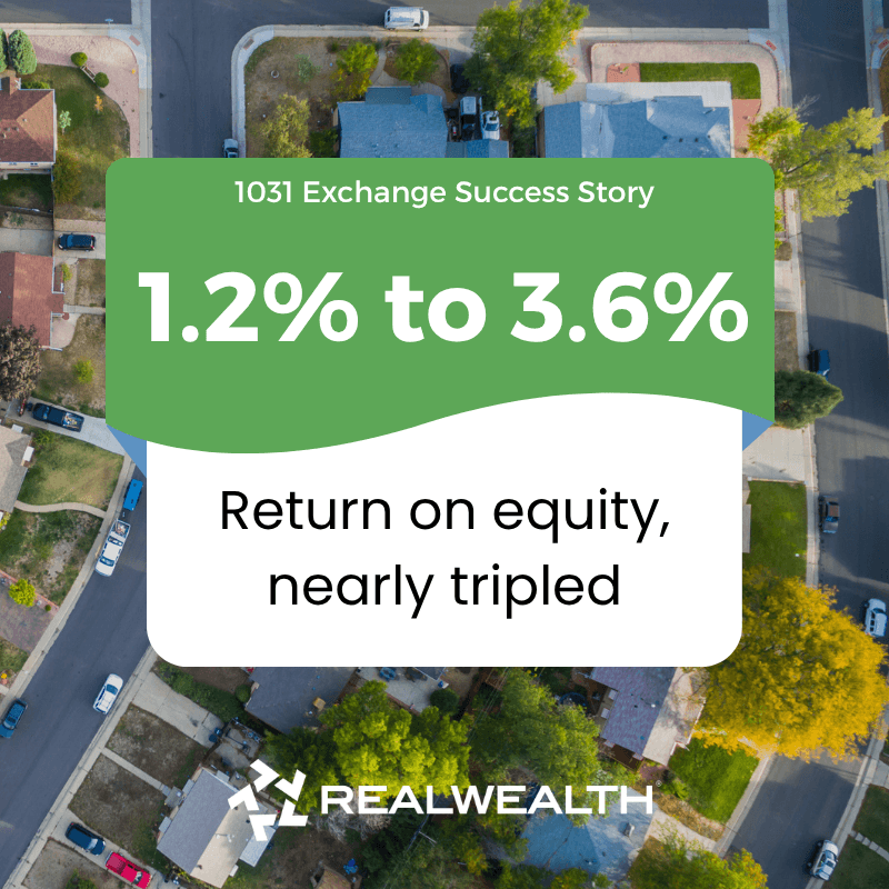 How Ed Used a 1031 Exchange to Go From One Rental to a Two Unit New Build ed's 1031 exchange success story: 1.2% to 3.6%, return on equity, nearly trippled. RealWealth logo