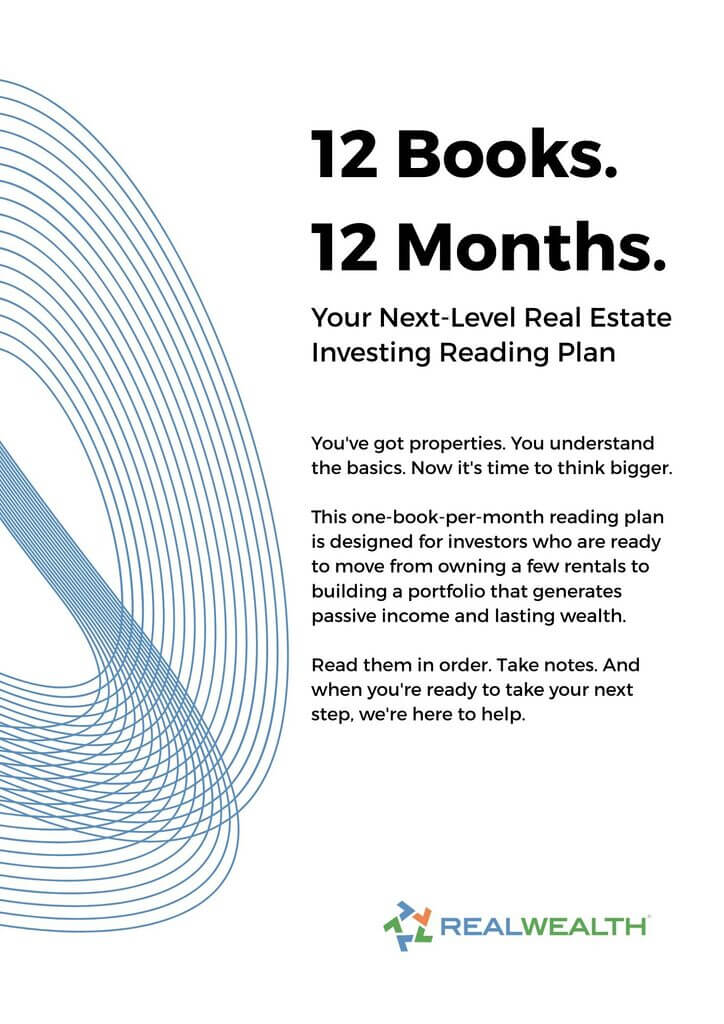 Cover page: 12 Books. 12 Months. Your Next-Level Real Estate Investing Reading Plan for Real Estate Investors RealWealth logo