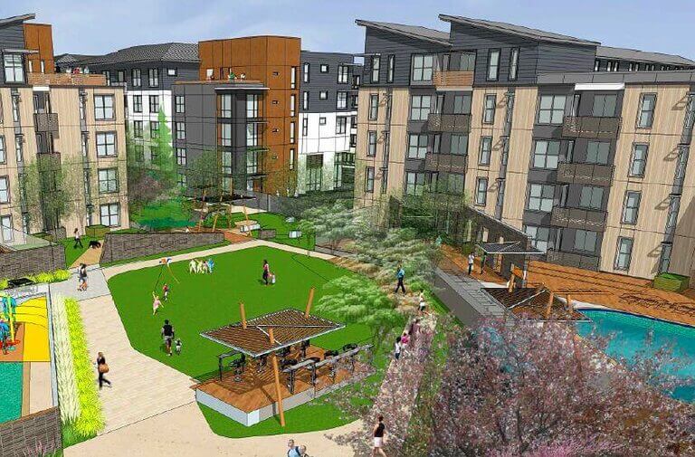 Rendering of apartments and outdoor space