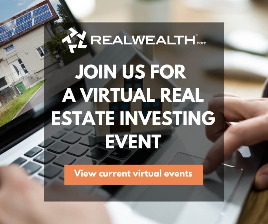 Image of a laptop with a wooden house sitting on top of the keyboard. Text says, join us for a virtual event, Click to see current virtual events, RealWealth logo