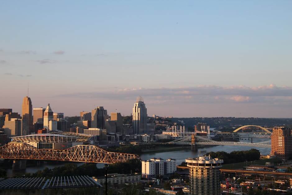 Panoramic view of Cincinnati skyline with bridges at dusk.