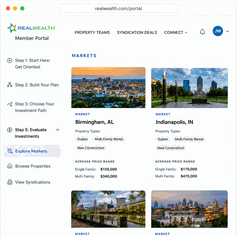 Homepage B RealWealth member portal showing the Markets screen with Birmingham and Indianapolis market cards